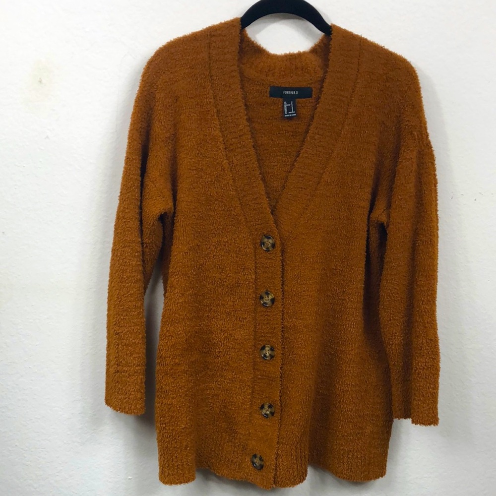 Forever 21 Grandpa Button Teddy Bear Knit Cozy Cardigan Cinnamon Small